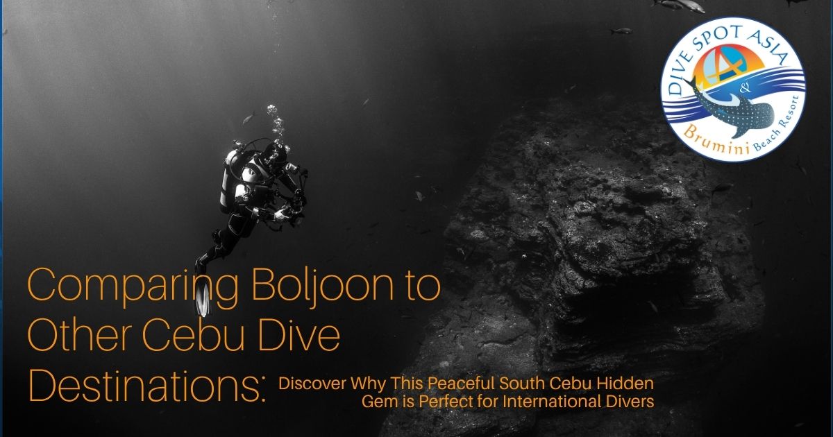 A scuba diver swims near a large rock formation underwater; text compares Boljoon to other dive destinations in Cebu for international divers. Dive Spot Asia logo is in the top right corner.