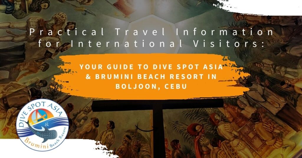 Travel guide cover image for international visitors to Brumini Beach Resort in Boljoon, Cebu, featuring practical travel information, the resorts’ logos, and a painted ceiling background.